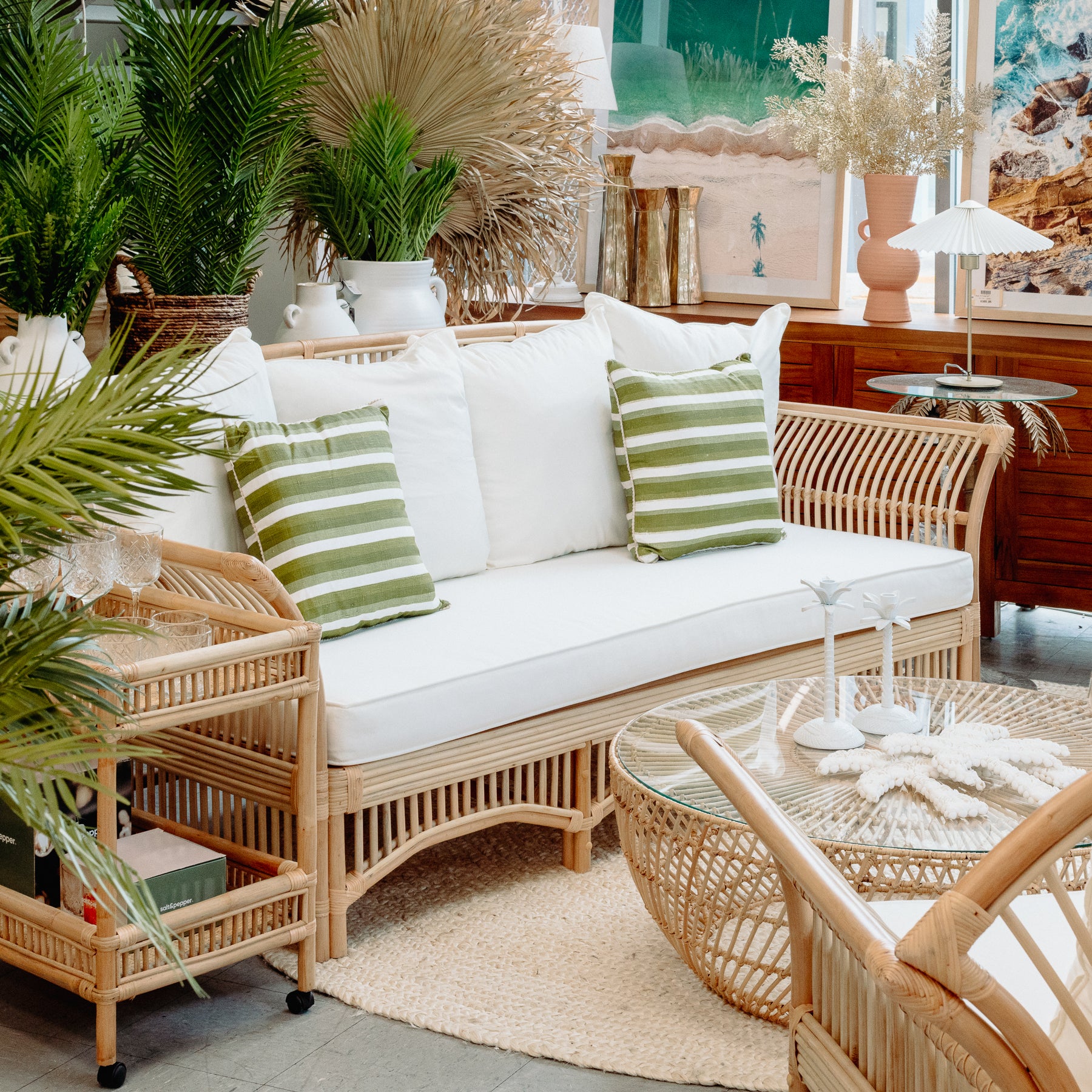 Plantation Rattan Sofa In Natural with 4 Eclectic Cushions - Eclectic ...